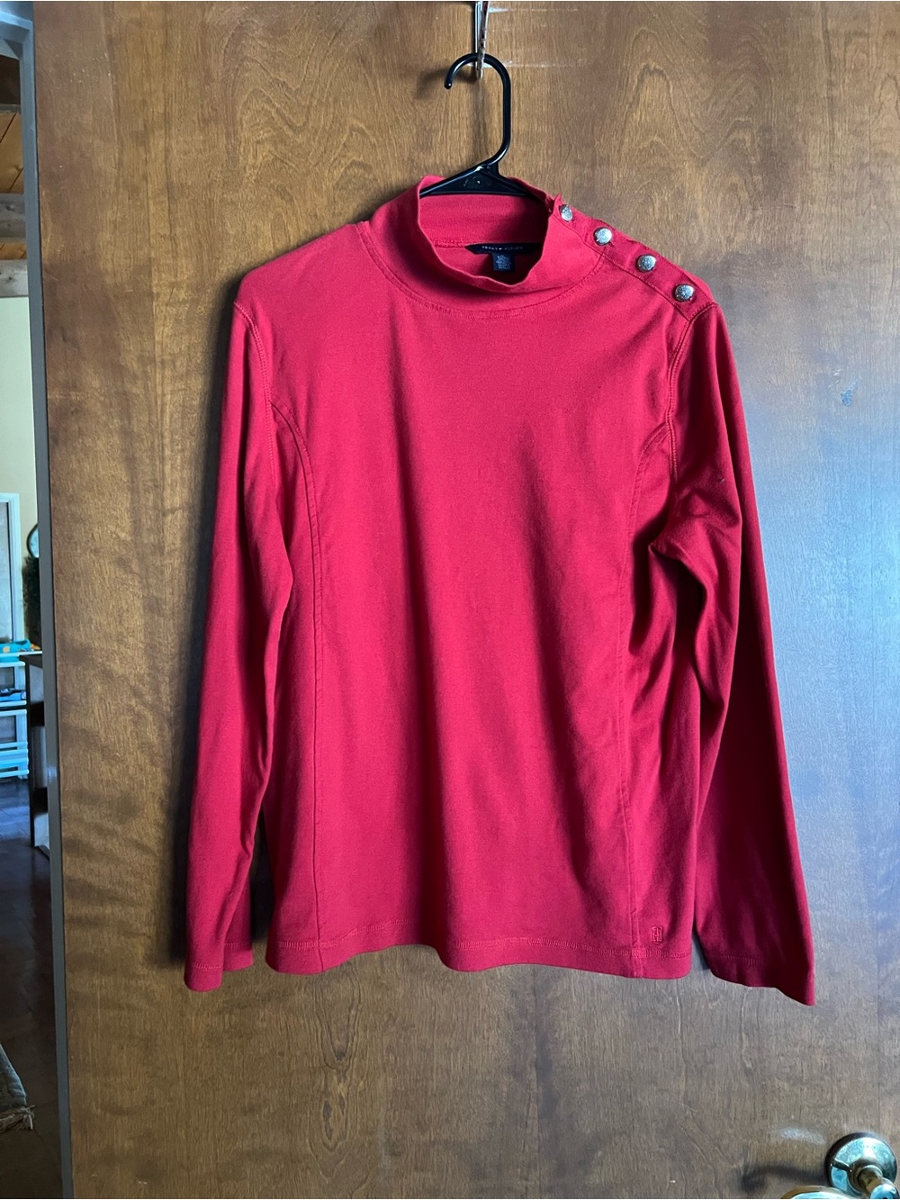 Tommy Hilfiger Red Long Sleeve Mock Neck Top with Shoulder Buttons